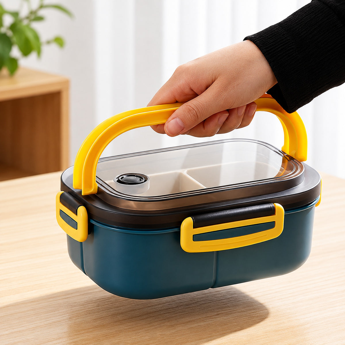 Blue lunch box carried by its yellow handle.