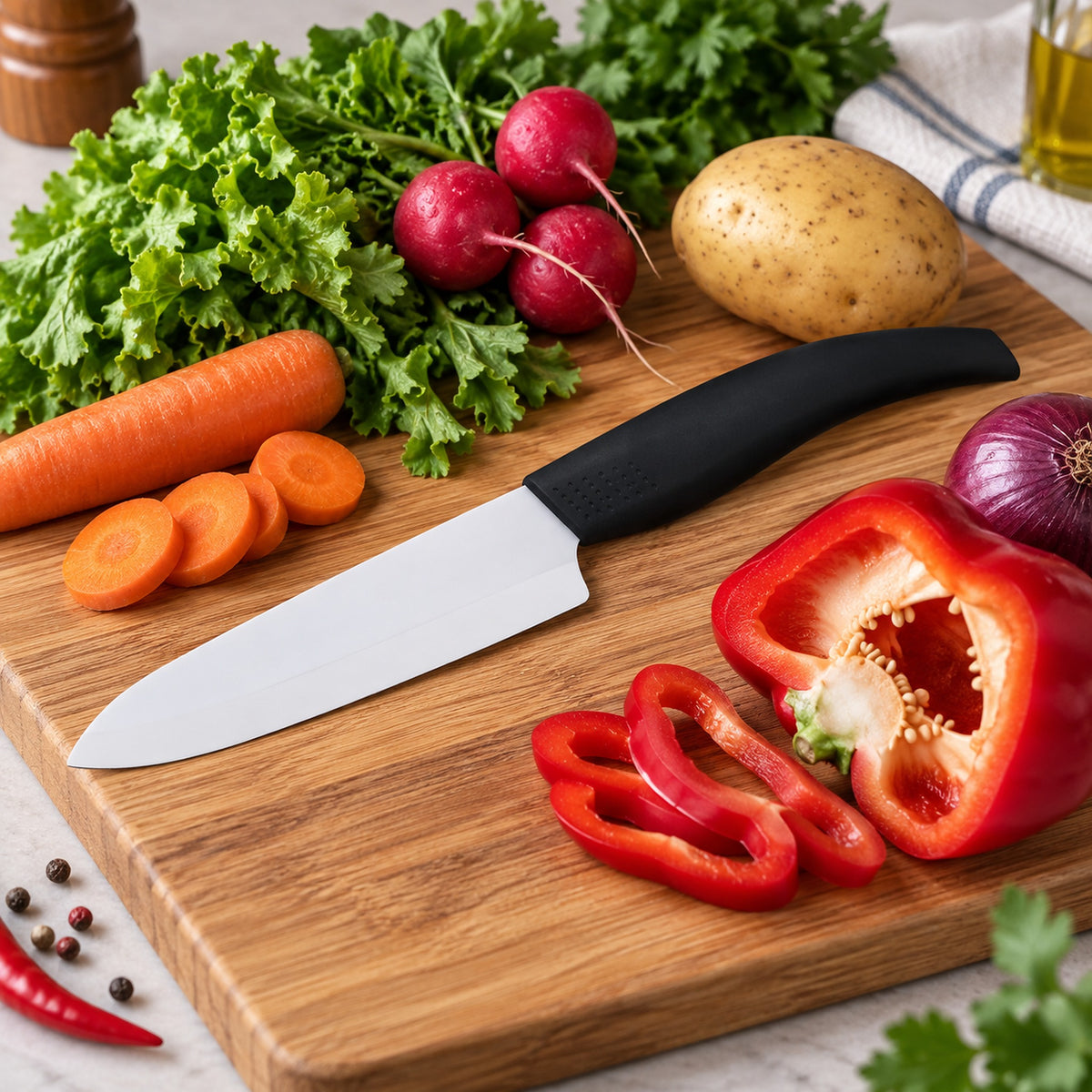 A kitchen knife with a black handle and silver blade rests on a wooden cutting board surrounded by fresh vegetables including a carrot, radishes, potato, red bell pepper, and onion.