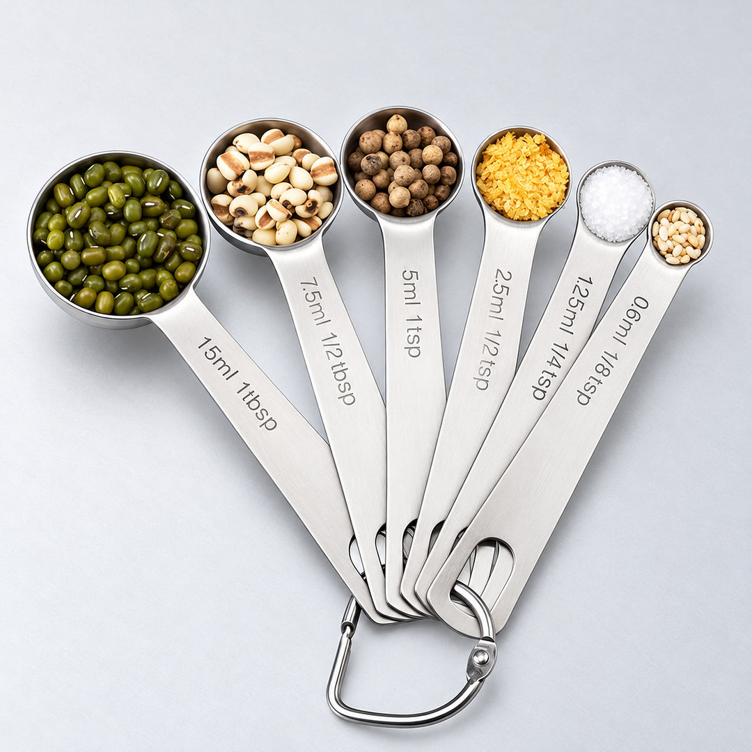 Six stainless-steel measuring spoons with ingredient portions, joined by a metal ring.
