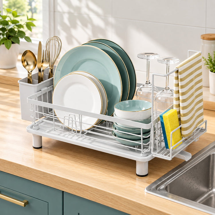A white plastic and wire under-sink dish rack on a light wood kitchen countertop, shown holding plates, bowls, wine glasses, utensils, and a striped towel. A sink is visible on the right, with a window and plants in the background.