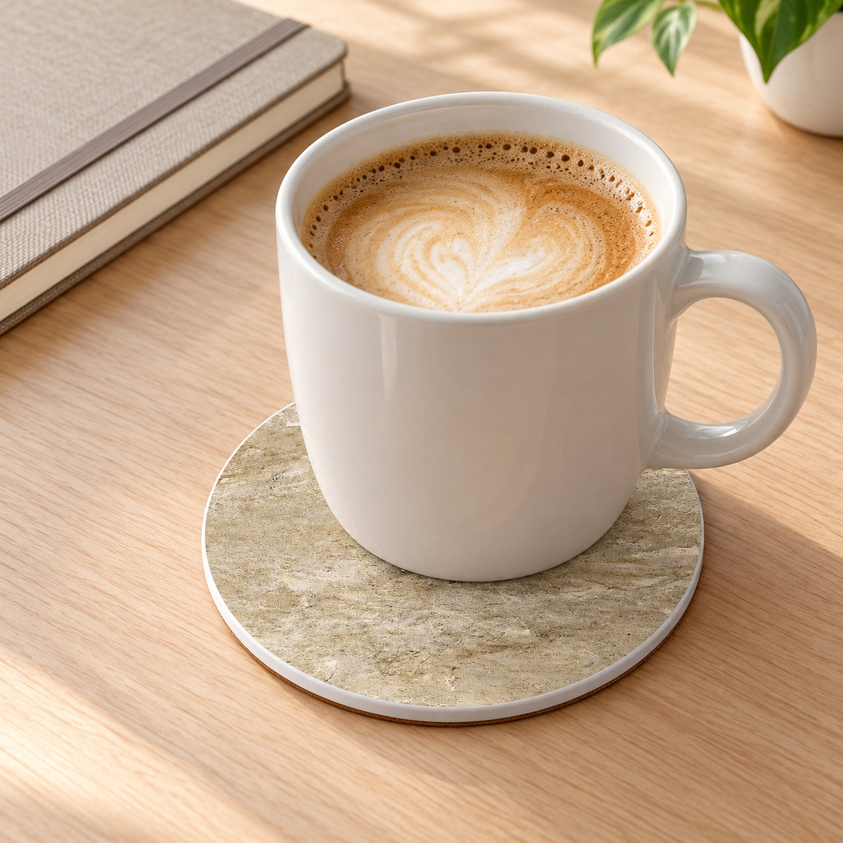 One beige printed coaster beneath a coffee cup; props not included.
