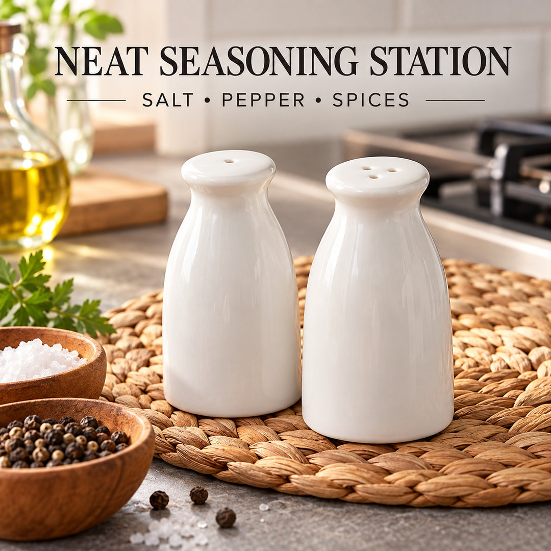 Two white ceramic seasoning shakers labeled 'NEAT SEASONING STATION' sit on a woven placemat in a kitchen setting, with bowls of salt, pepper, and spices nearby and text at the top reading 'SALT • PEPPER • SPICES'.