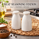 Two white ceramic seasoning shakers labeled 'NEAT SEASONING STATION' sit on a woven placemat in a kitchen setting, with bowls of salt, pepper, and spices nearby and text at the top reading 'SALT • PEPPER • SPICES'.