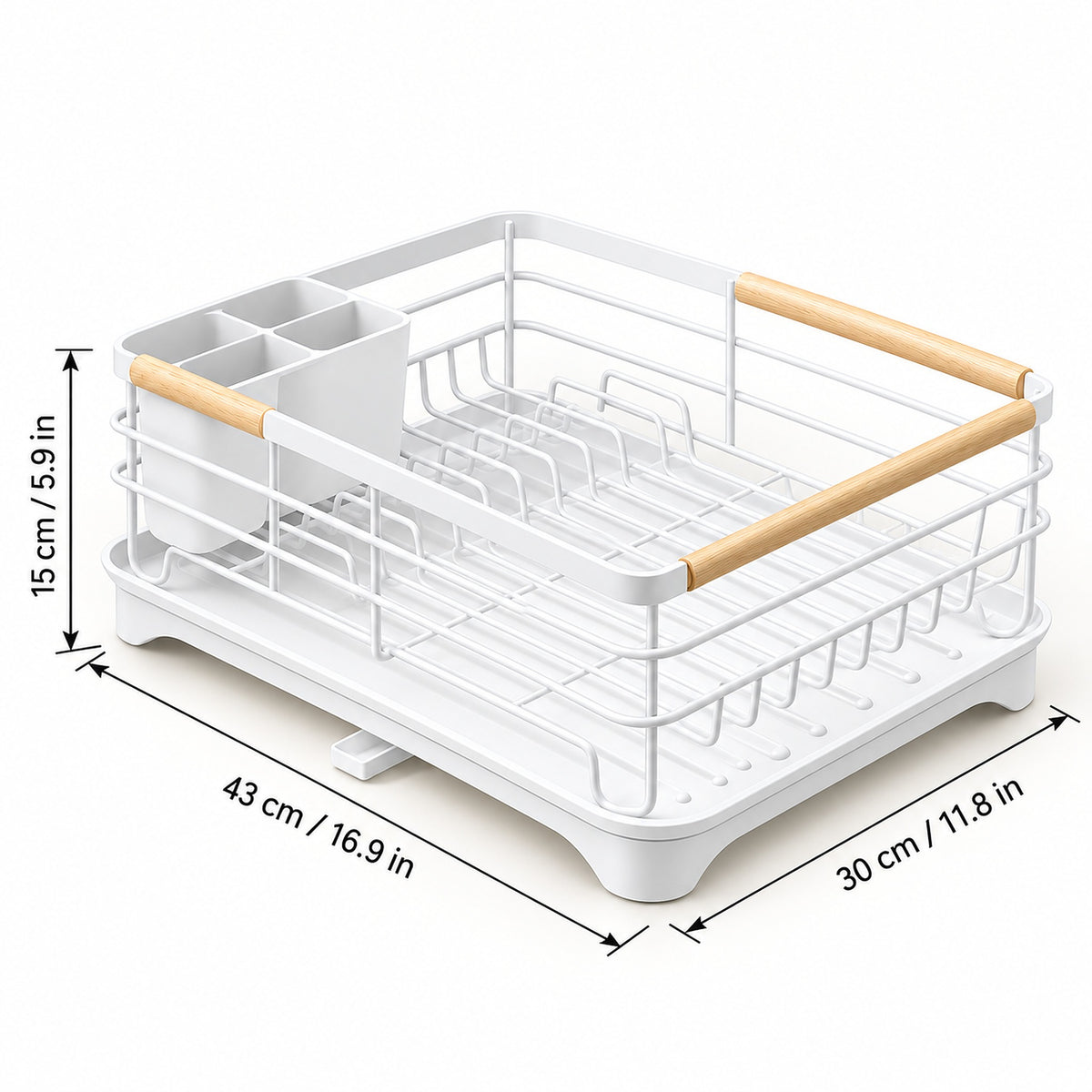 White plastic and metal dish rack with light wood handles, shown on a white background with dimension lines and measurements.