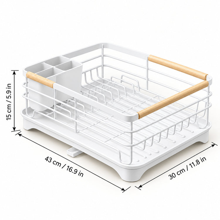 White plastic and metal dish rack with light wood handles, shown on a white background with dimension lines and measurements.
