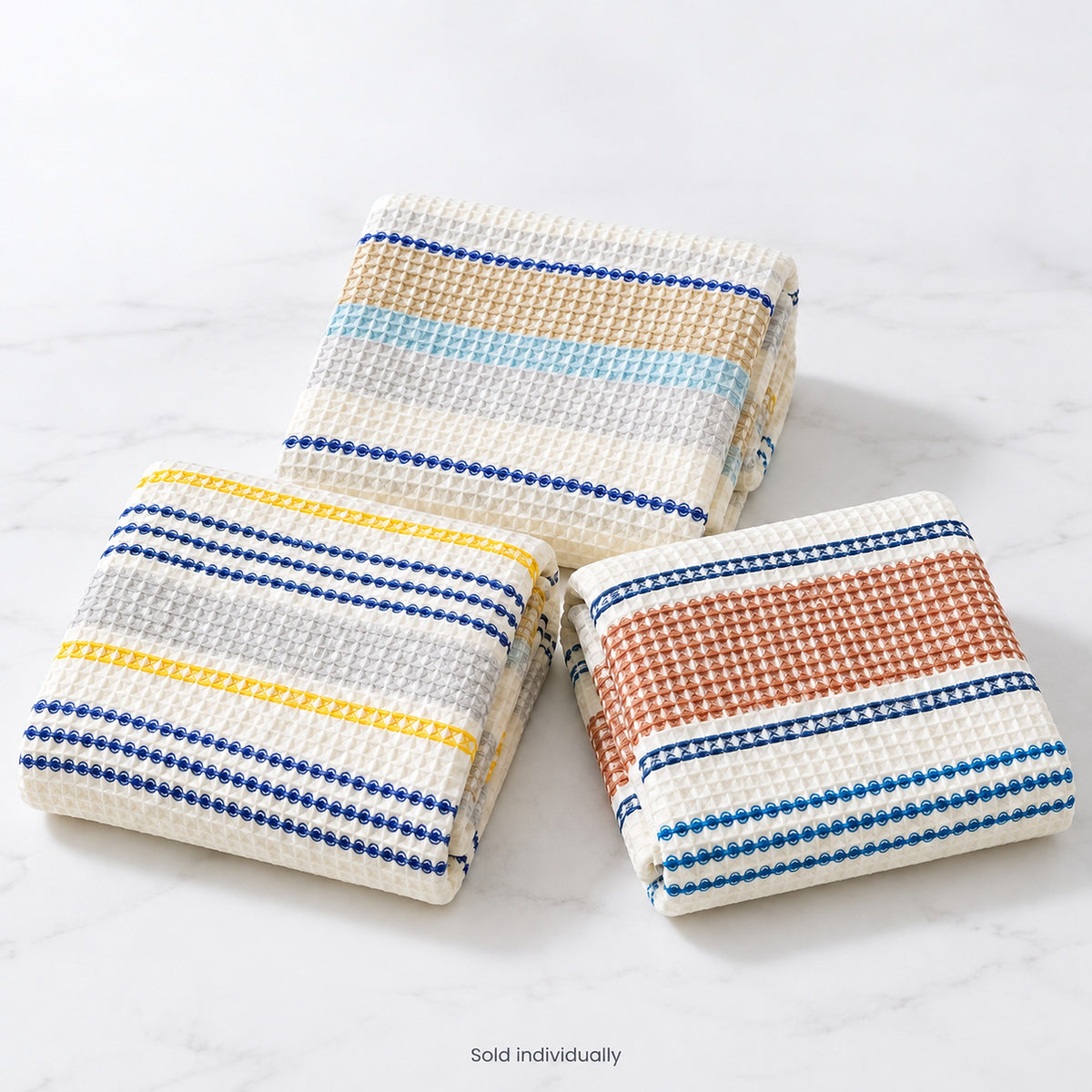Blue, Yellow and Coffee stripe choices; one towel per selected color and size.