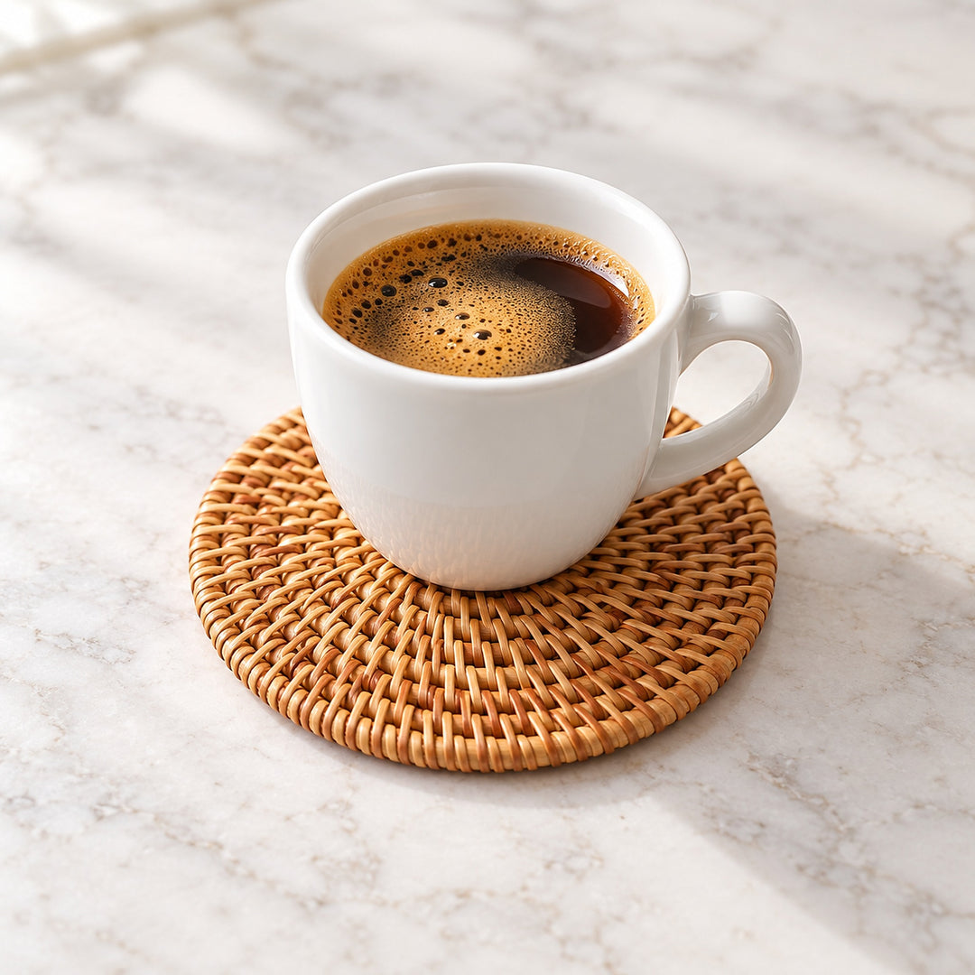 10 cm rattan coaster supporting a coffee cup.