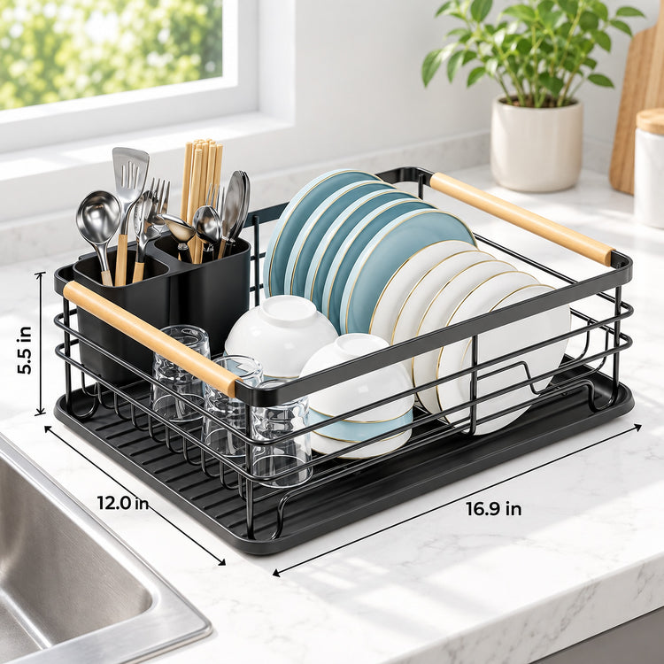 Black wire dish rack with light wood handles on a white marble kitchen counter, shown holding plates, bowls, glasses, and utensils. Dimension labels 12.
