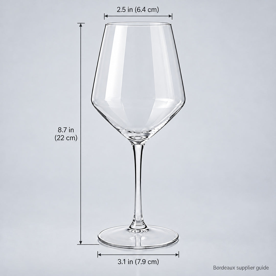 Bordeaux supplier guide: 8.7-inch height, 2.5-inch rim and 3.1-inch base, approximately.