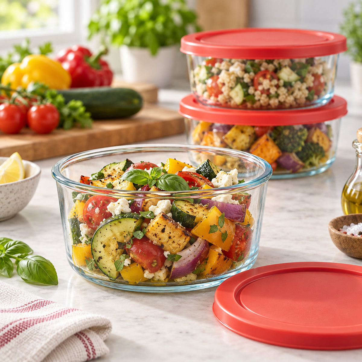 Three clear glass storage containers with bright red lids are arranged on a kitchen counter, filled with colorful prepared food. Fresh vegetables, basil, a lemon wedge, and a small bowl of oil are visible around them in a bright kitchen setting.