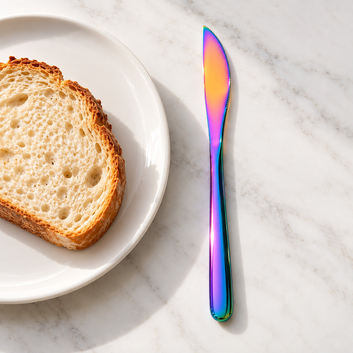 Rainbow dinner knife beside a breakfast plate; props not included.