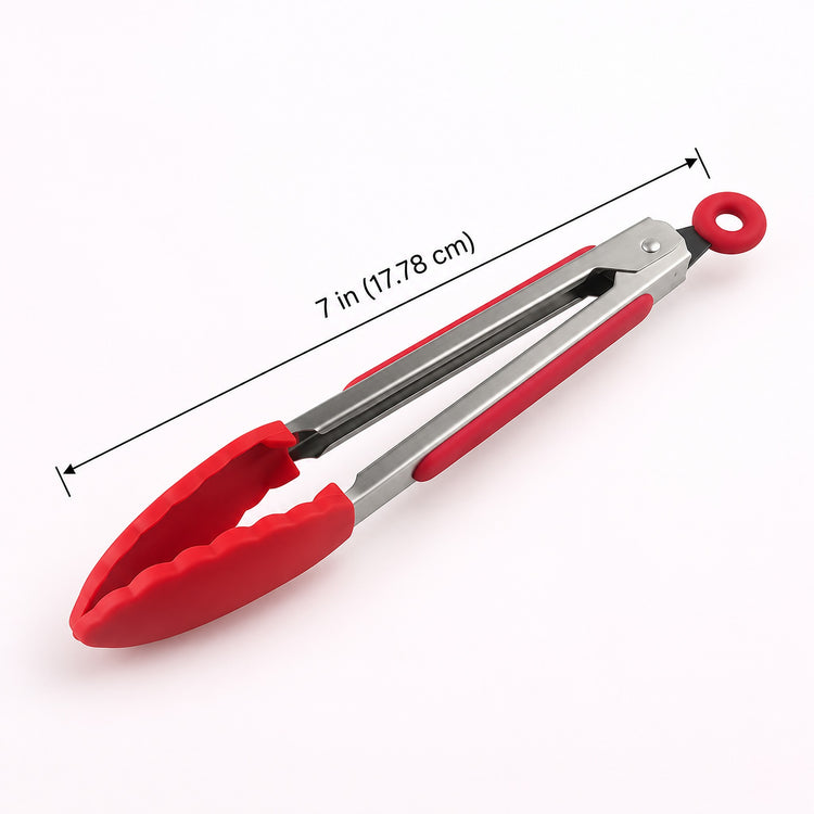 Red cooking tongs, 7 in (17.78 cm) long.