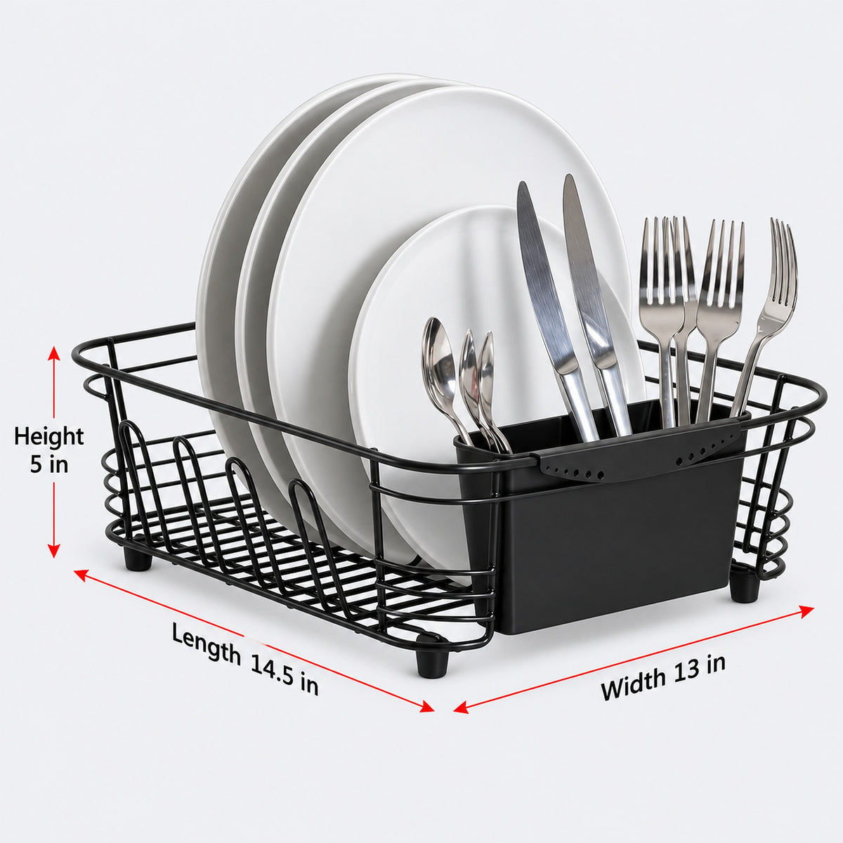 Black wire dish drying rack with a built-in utensil holder, shown holding white plates and silver cutlery on a light gray background, with red dimension arrows and text indicating height 5 in, length 14.5 in, and width 13 in.