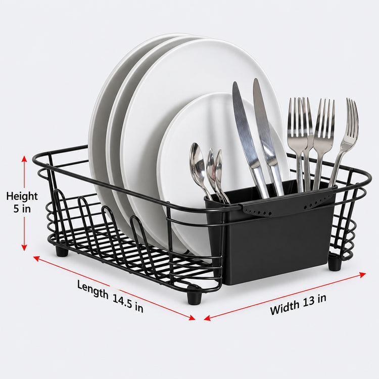 Black wire dish drying rack with a built-in utensil holder, shown holding white plates and silver cutlery on a light gray background, with red dimension arrows and text indicating height 5 in, length 14.5 in, and width 13 in.