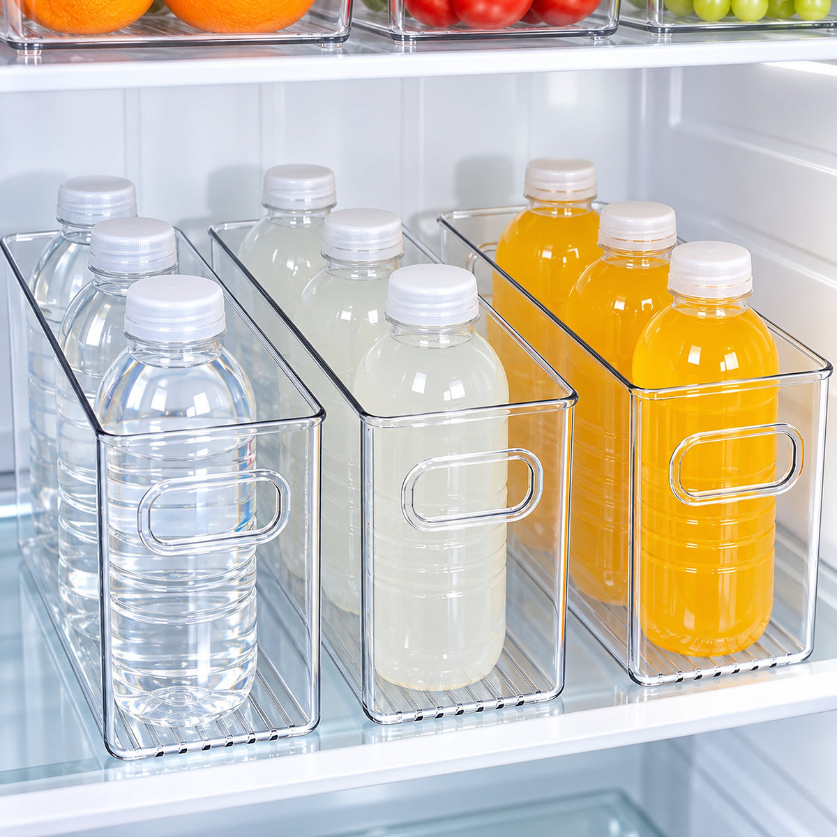 Clear PET pantry bins with grip handles keep drinks visible and easy to pull from fridge