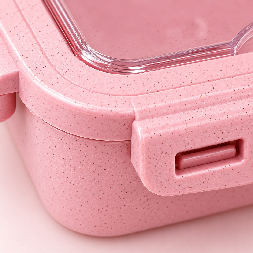 Speckled pink lunch box wall, lid seam and snap clasp detail.