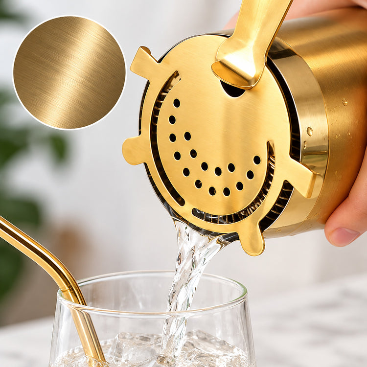 Close detail of polished stainless steel cocktail strainer and shaker rim
