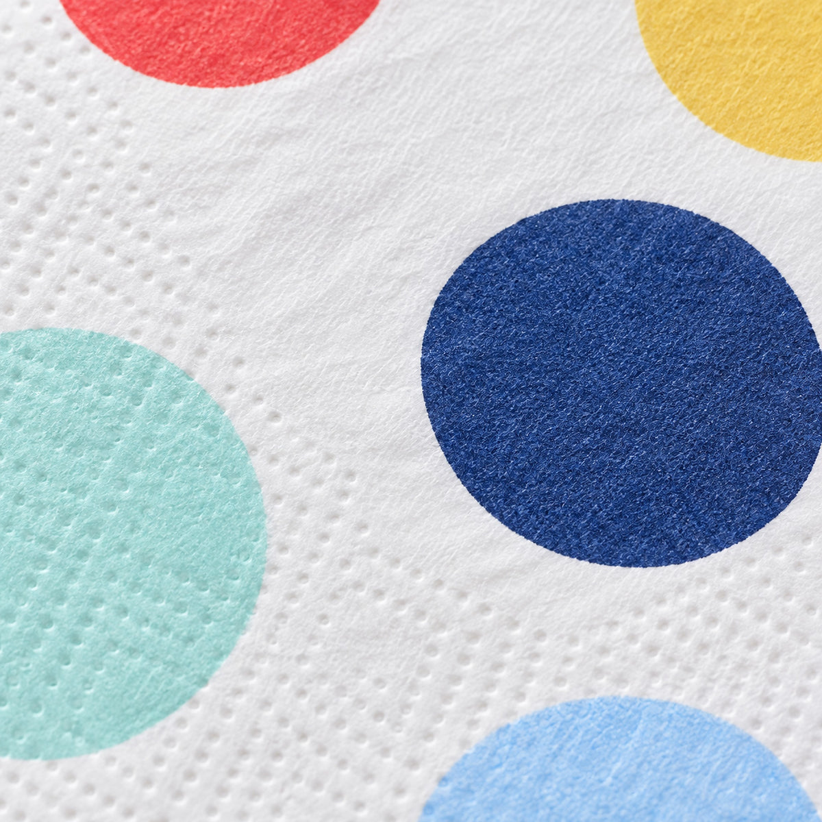 Embossed paper texture and navy dot print detail.