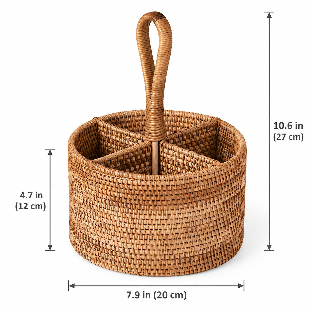 Round handled wicker basket: 20 cm diameter, 12 cm body height, 27 cm total height.