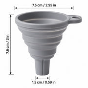 Gray collapsible silicone funnel with dimension annotations showing a height of 7.6 cm (3 in), a top opening diameter of 7.