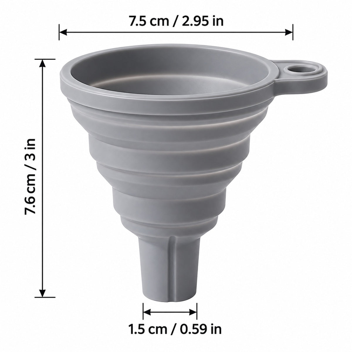 Gray collapsible silicone funnel with dimension annotations showing a height of 7.6 cm (3 in), a top opening diameter of 7.
