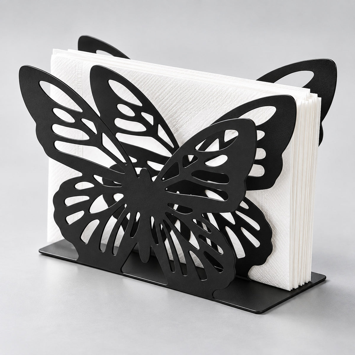 Butterfly decorative metal napkin holder studio feature view