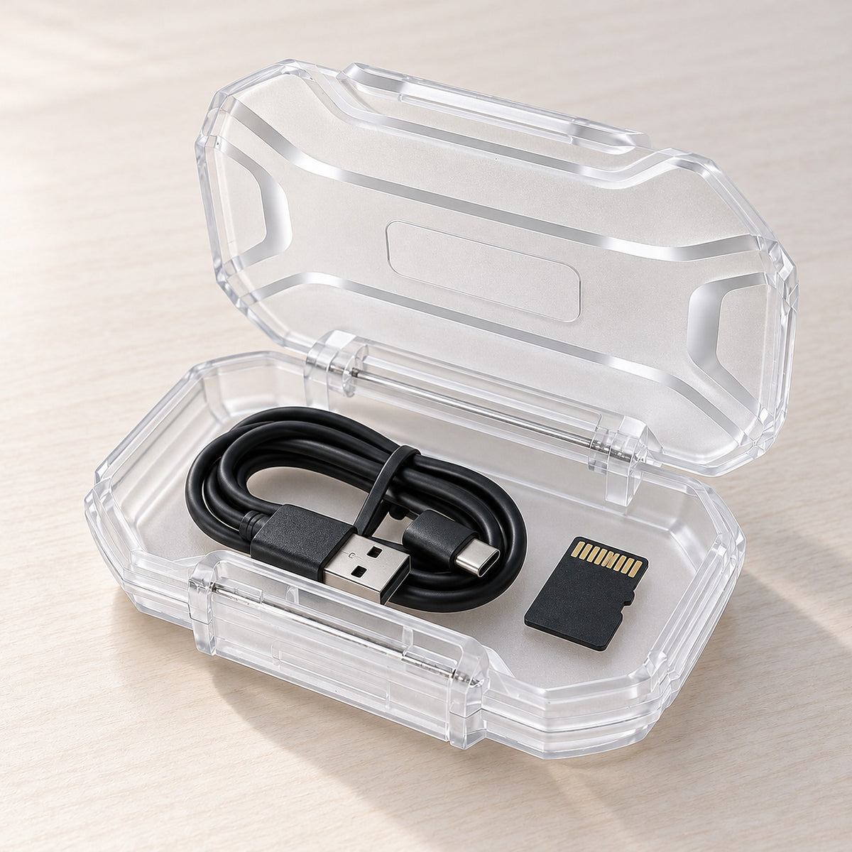 Clear rectangular case used to organize a small cable and memory card; accessories not included.