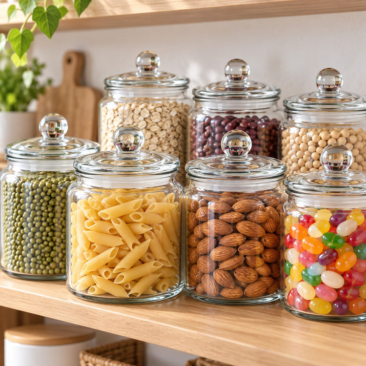 Clear glass canisters with round silver lids, filled with pasta, almonds, mixed nuts, beans, and colorful jelly beans, arranged on a wooden shelf.