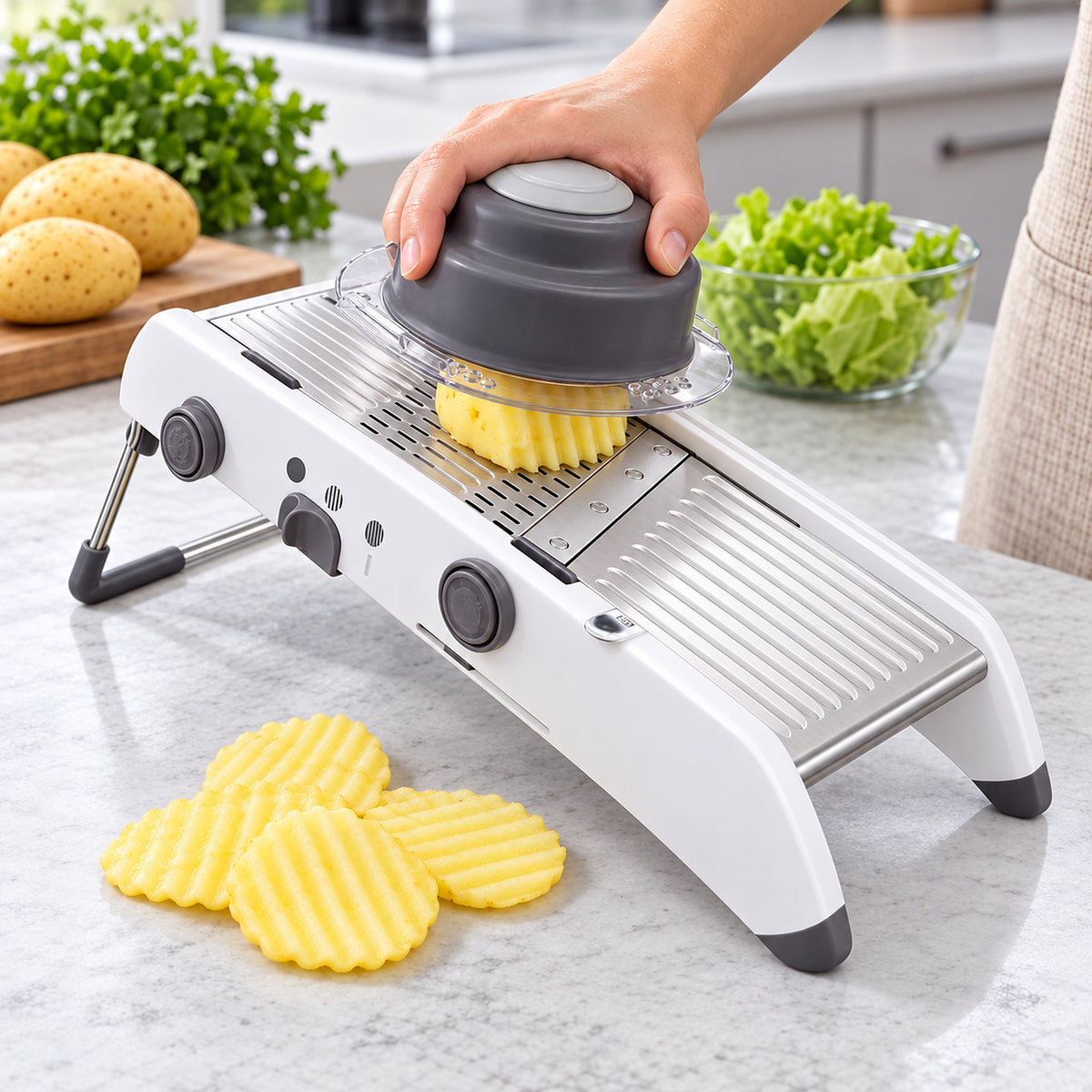 Mandoline preparing crinkle potato slices with the food holder.