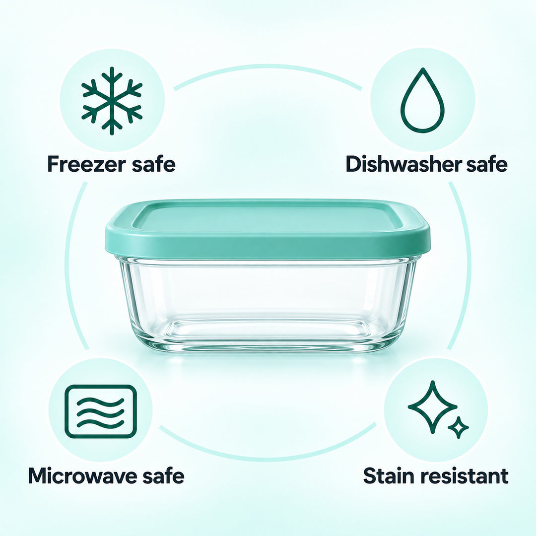 A clear rectangular glass storage container with a mint green lid is centered on a pale blue background, surrounded by circular icons and text stating freezer safe, dishwasher safe, microwave safe, and stain resistant.
