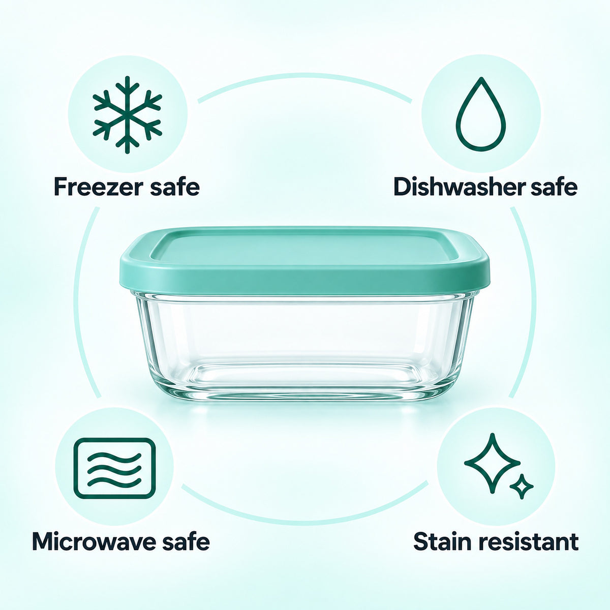 A clear rectangular glass storage container with a mint green lid is centered on a pale blue background, surrounded by circular icons and text stating freezer safe, dishwasher safe, microwave safe, and stain resistant.