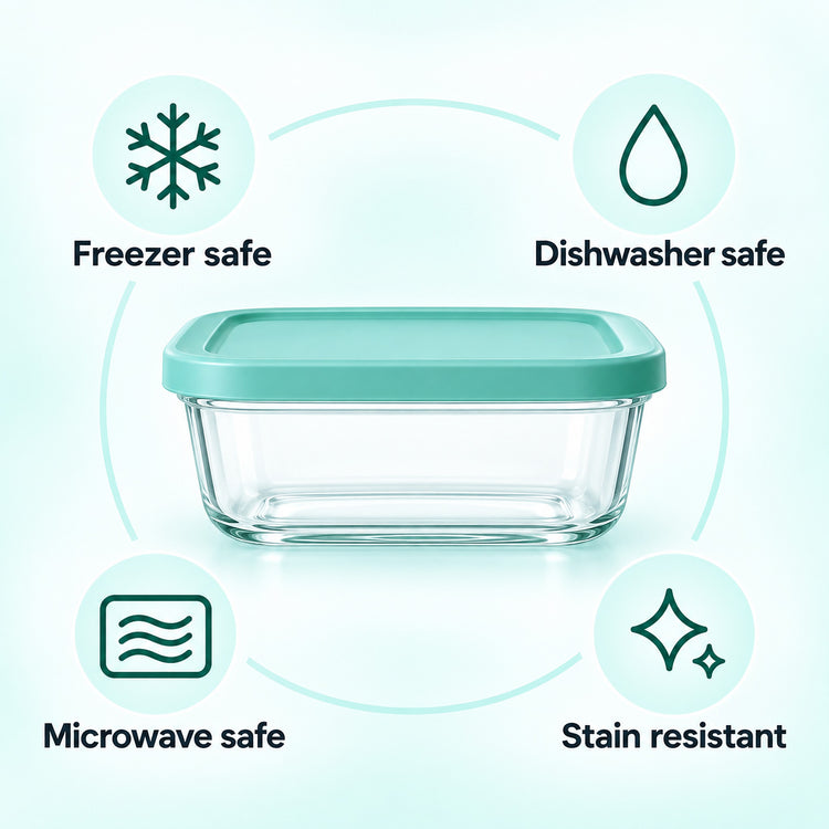 A clear rectangular glass storage container with a mint green lid is centered on a pale blue background, surrounded by circular icons and text stating freezer safe, dishwasher safe, microwave safe, and stain resistant.