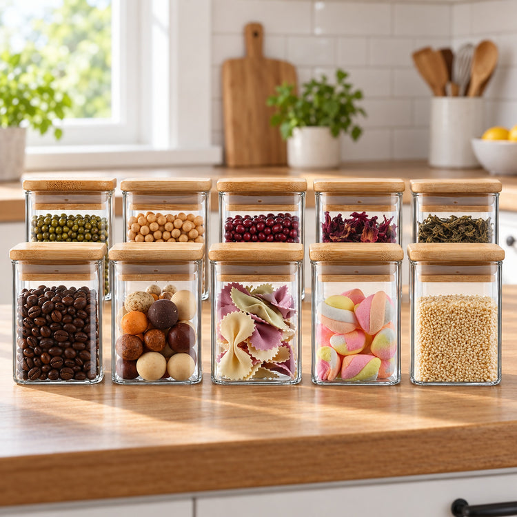 Eight clear glass pantry storage jars with light wood lids are arranged in two rows on a wooden kitchen countertop. The jars are filled with various dry goods, pasta, and snacks, with a blurred kitchen background.