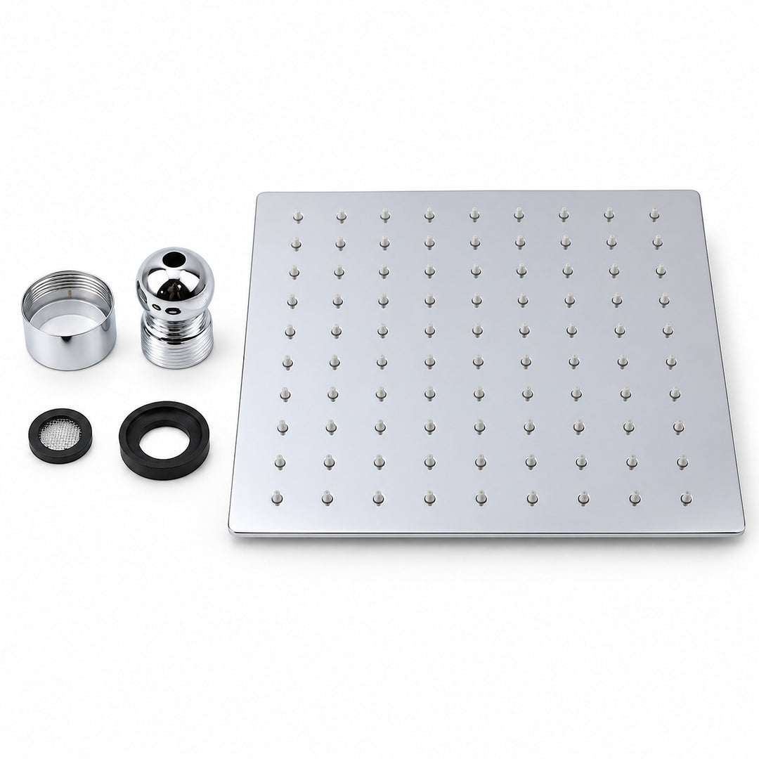 A square stainless steel rain shower head plate with multiple nozzles, shown alongside mounting hardware including a chrome adapter, a filter screen, and two black rubber gaskets on a clean white background.