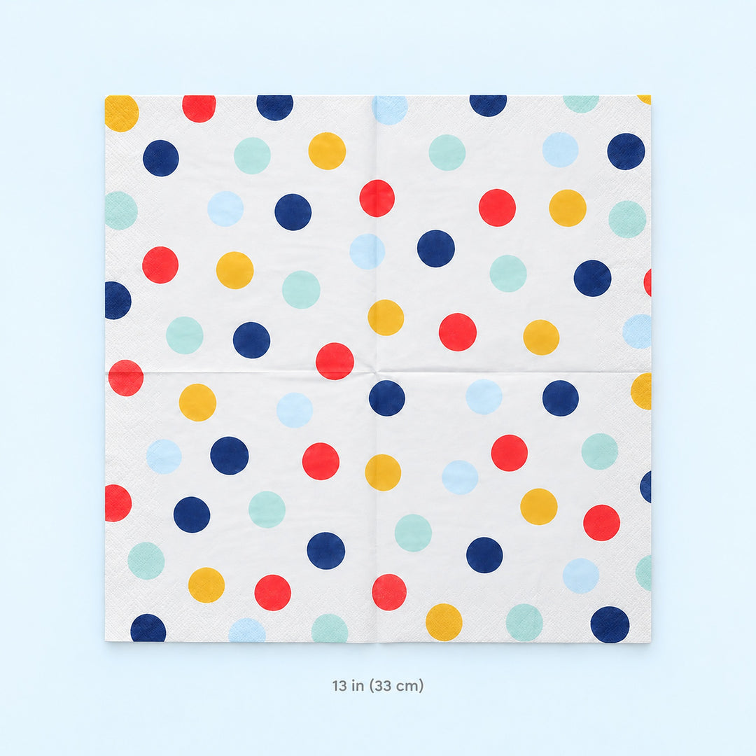 Unfolded square paper napkin measuring approximately 33 cm.