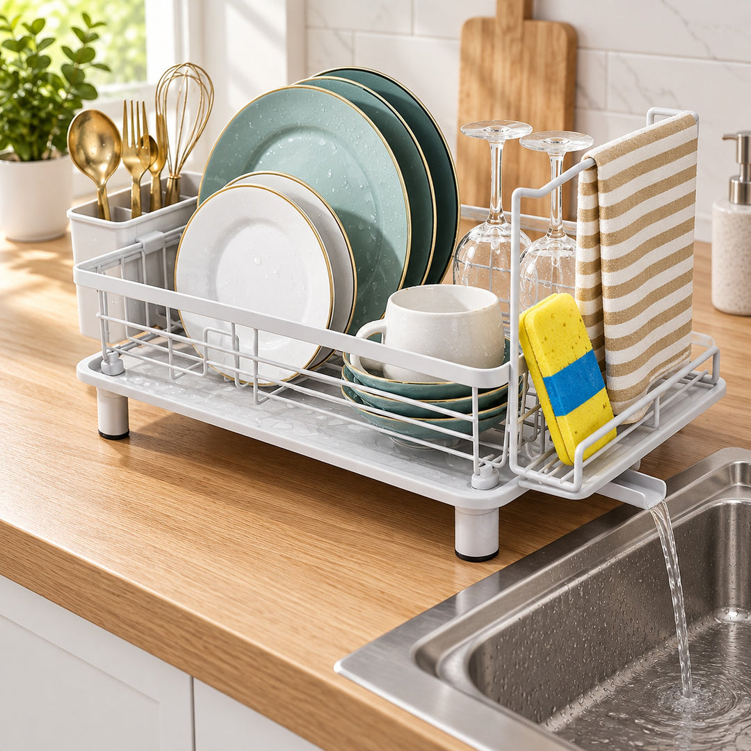 A white plastic under-sink dish rack with legs is shown on a wooden kitchen counter, holding stacked plates, wine glasses, a mug, a striped towel, and a sponge. Water is flowing into a stainless steel sink.