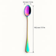 A single stainless steel spoon with an iridescent rainbow finish, shown vertically with dimension lines indicating a height of 19.3 cm (7.