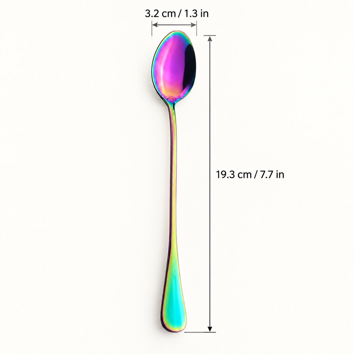 A single stainless steel spoon with an iridescent rainbow finish, shown vertically with dimension lines indicating a height of 19.3 cm (7.