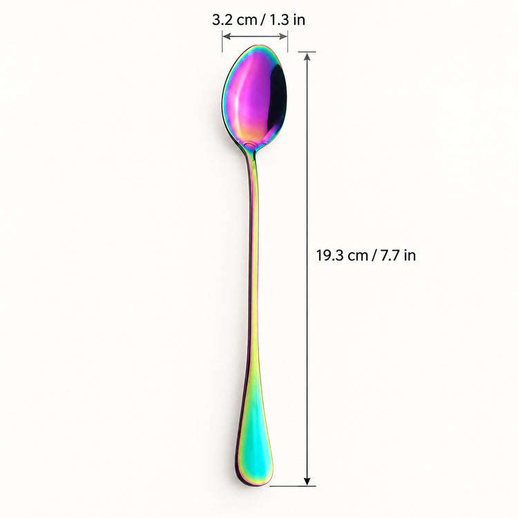 A single stainless steel spoon with an iridescent rainbow finish, shown vertically with dimension lines indicating a height of 19.3 cm (7.