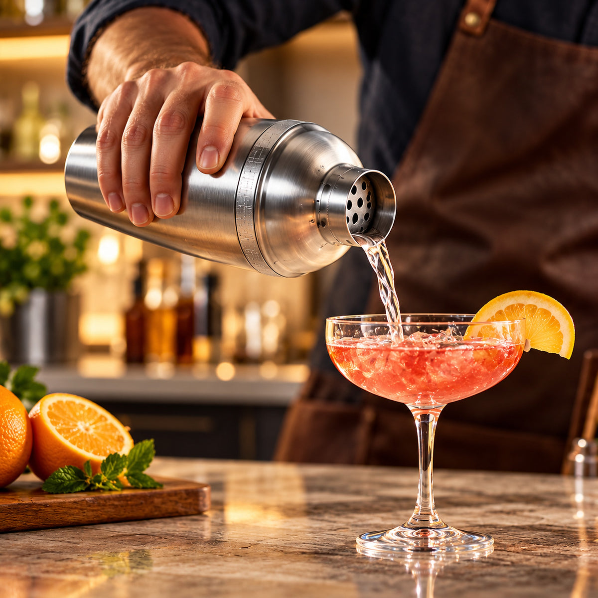 A bartender in a brown apron pours a pink cocktail into a coupe glass with an orange slice garnish, with oranges and mint on a counter in the foreground and a blurred bar background.