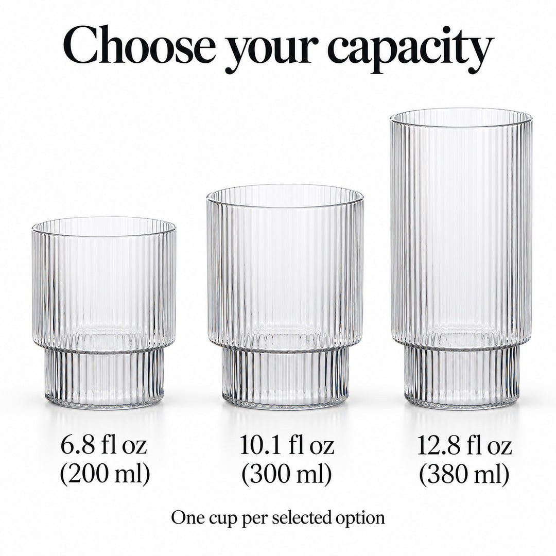 200, 300 and 380 ml ribbed glass capacity options; one cup per selected option.