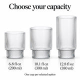 200, 300 and 380 ml ribbed glass capacity options; one cup per selected option.
