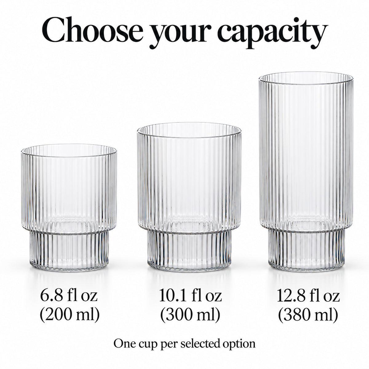 200, 300 and 380 ml ribbed glass capacity options; one cup per selected option.