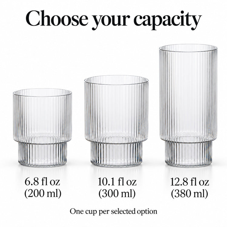 200, 300 and 380 ml ribbed glass capacity options; one cup per selected option.