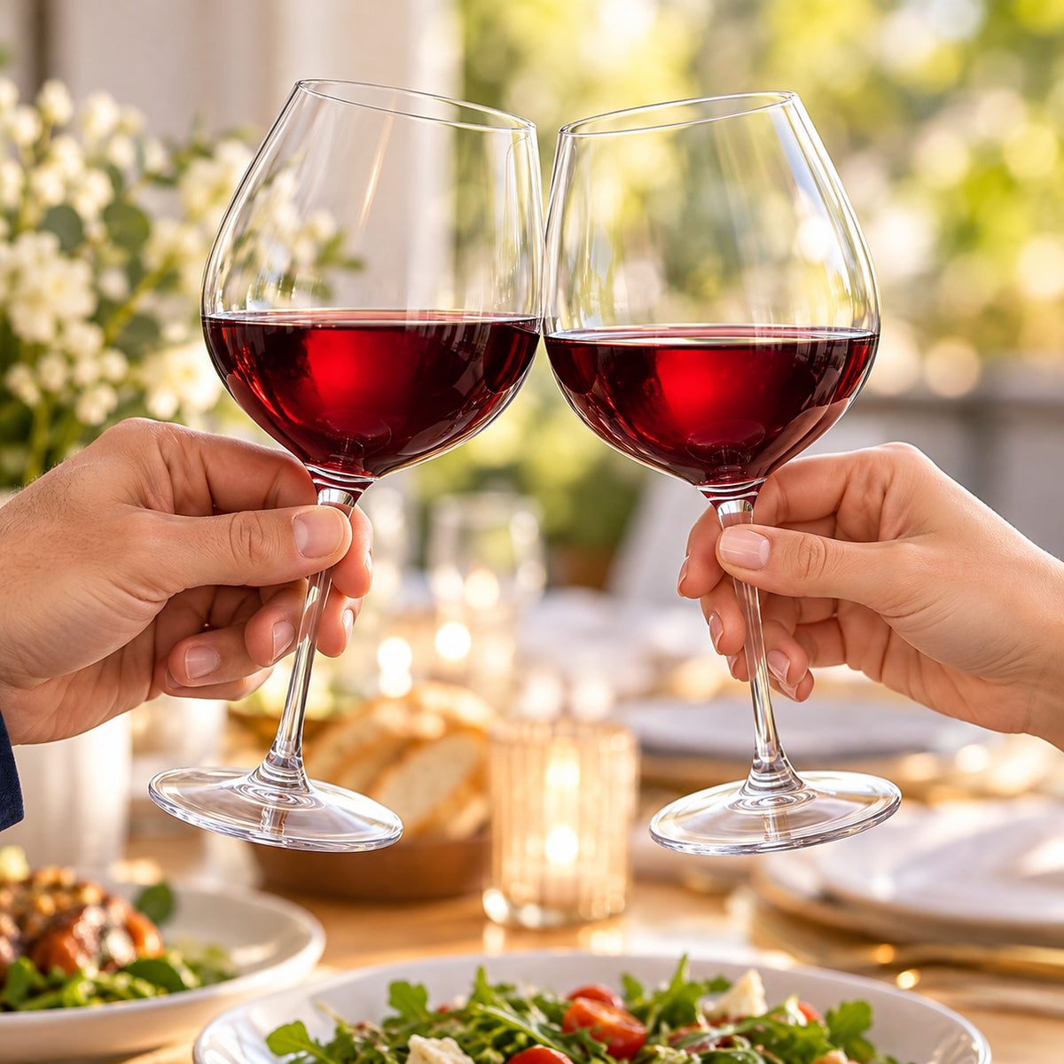 Two rounded Burgundy-style Tritan cups raised for a toast at a gathering.