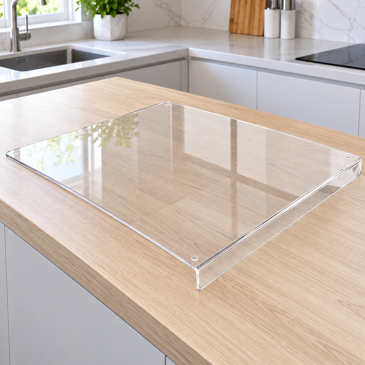 Clear acrylic board fitted over a counter edge with the underlying woodgrain visible.