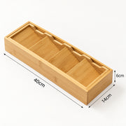 A bamboo multi-compartment organizer box shown on a white background with dimension lines and labels indicating 40cm length, 14cm width, and 6cm height.