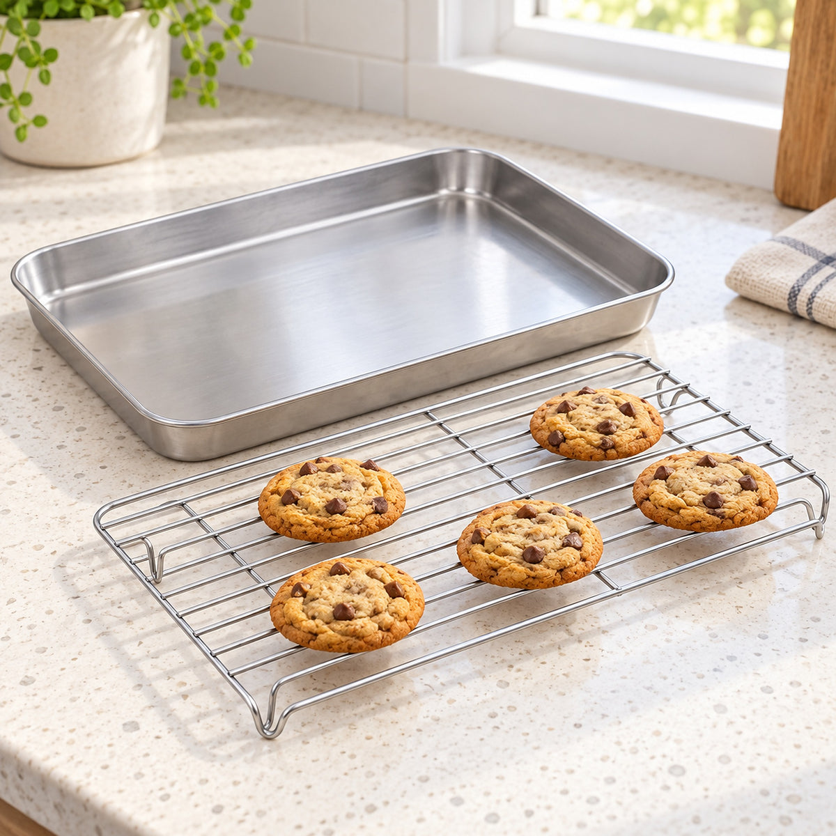 Cookies cooling on the raised wire rack beside its matching tray.