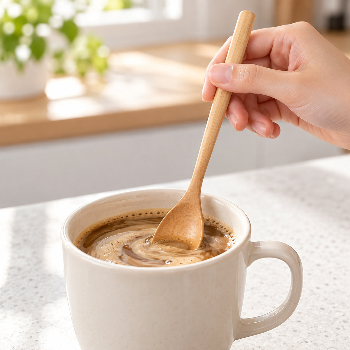Camel wood spoon used to stir coffee; cup and drink not included.