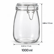 Clear glass clamp-lid jar with measurement annotations showing 1000 ml capacity, 6.88 in / 17.